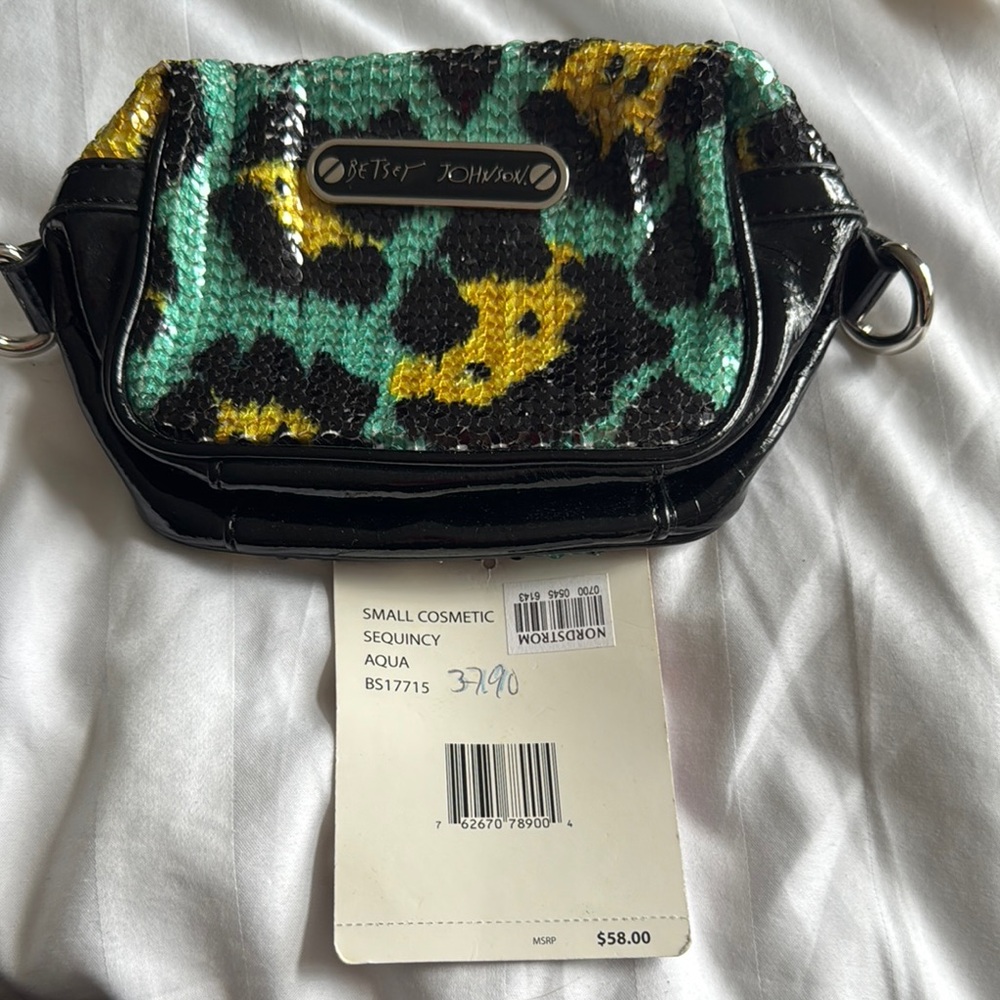 Betsey Johnson Black and Yellow Cosmetic Bag with Glossy Finish